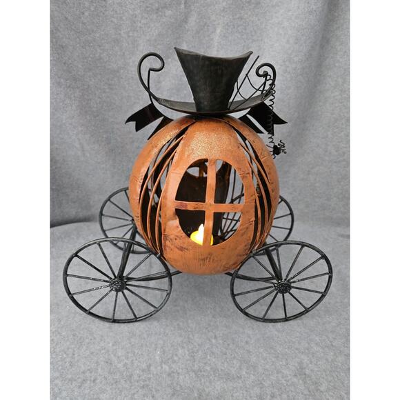 Spooky Halloween Pumpkin Coach Tea Light Decor 14" X 15" - Picture 3 of 8
